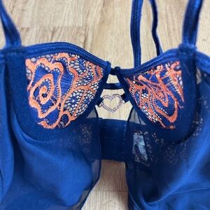 G World Sheer Navy & Orange Lace Lingerie Bralette Rhinestone Heart One Size